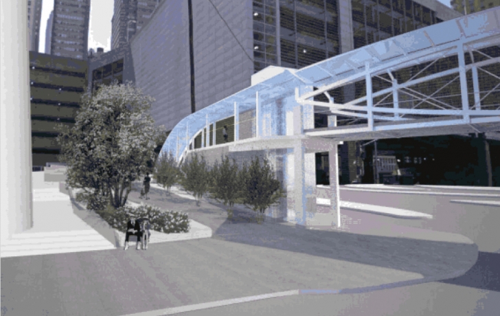 The bridge's eastern landing will connect to a public plaza, part of the future 50 West St. apartment-hotel complex. The eastern sidewalk will be widened to accommodate the landing, and the plaza will likely be elevated for protection against flooding during future storms. Rendering: Economic Development Corp. The bridge's eastern landing will connect to a public plaza, part of the future 50 West St. apartment-hotel complex. The eastern sidewalk will be widened to accommodate the landing, and the plaza will likely be elevated for protection against flooding during future storms. Rendering: Economic Development Corp.